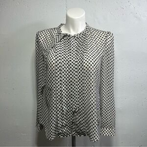 LOFT Ann Taylor Black and White Geometric Flower Long Sleeve Blouse L